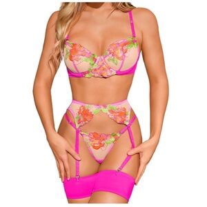 KAEI & SHI Floral Embroidered Underwire G-String Garter Belt 4 Pieces Lingerie